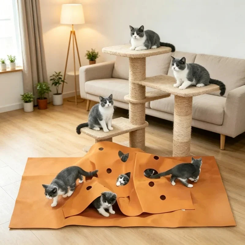 Mata do zabawy dla kota 120 × 90 cm – filcowa, z otworami, składana