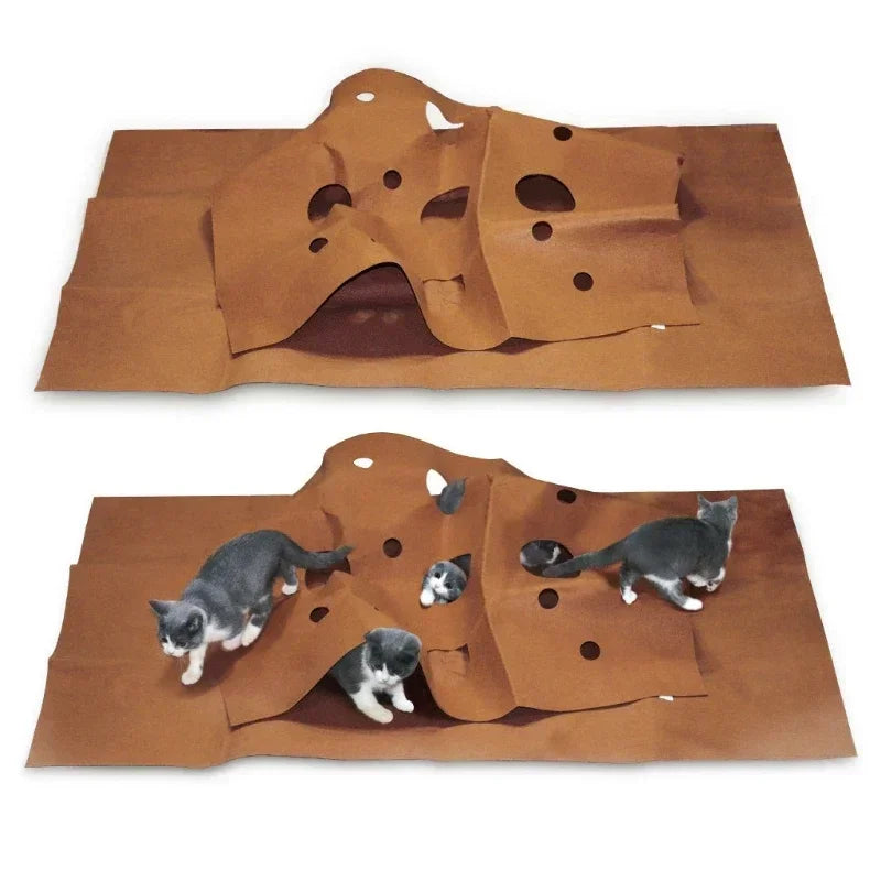 Mata do zabawy dla kota 120 × 90 cm – filcowa, z otworami, składana